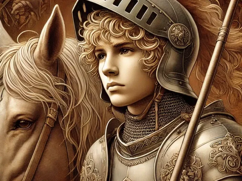 DALL·E 2024-10-29 17.55.43 - A detailed illustration of a teenage medieval Christian knight on horseback in a more mature, fantasy-inspired style. The young knight faces right, we