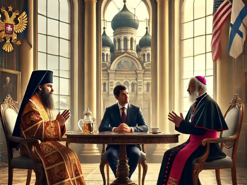 DALL·E 2024-10-29 18.06.58 - A realistic photo illustration capturing the theme of diplomacy and religion, featuring an Orthodox bishop, a Catholic bishop, and a diplomat in a for